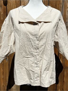 Brand New Black Crane 100% Cotton Relaxed Cream Button-Front Women's Top